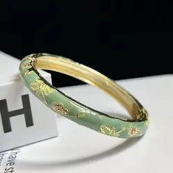 Vintage Cloisonné Enamel Peony Filigree Double Bangle Bracelet (Green)