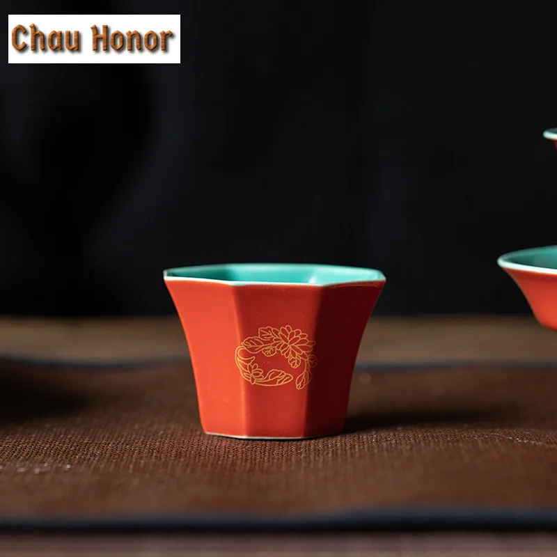 2pc/set Boutique Palace Red Glaze Art Ceramic Tea Cups Chinese Embroidered Single Master Cup Kung Fu Puer Teaset Drinkware 30ml 