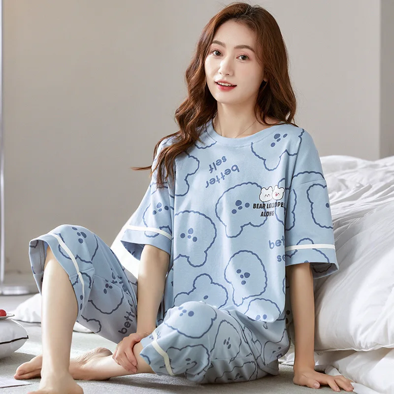

Womens Pajamas Set 100% Cotton Female Pyjamas Woman Pijamas Cartoon Spring Autumn Short Sleeve Sleepwear Homewear Loungewear