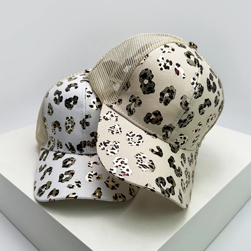 Women Bronzing Leopard Print Criss Cross Tail Baseball Hats Mesh Breathable Sunshade Versatile Trucker caps Fashion Washed
