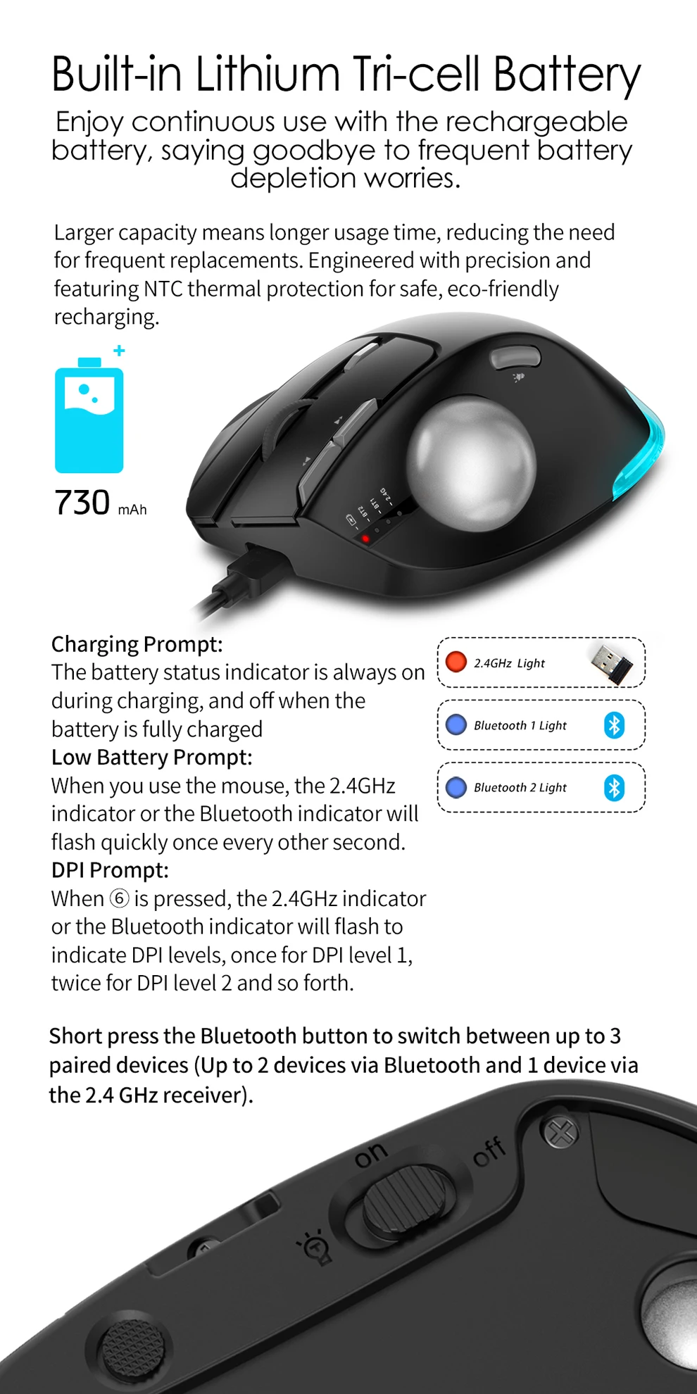 Ergonômico Recarregável Rollerball Mice, Conexão de 3