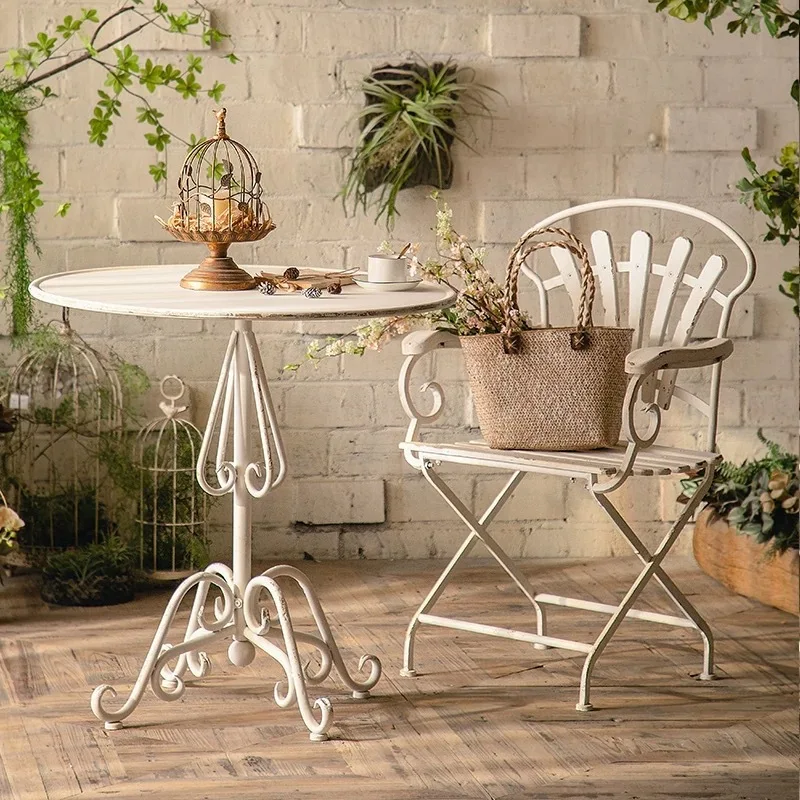 American Country Retro Wrought Iron Coffee Table Chair Set Outdoor Leisure Side Table for Balcony Cafe Small Apartment Home Use