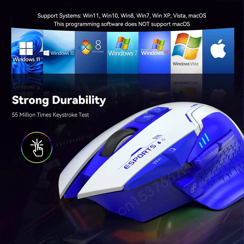 Mouse sem fio para jogos, programável para