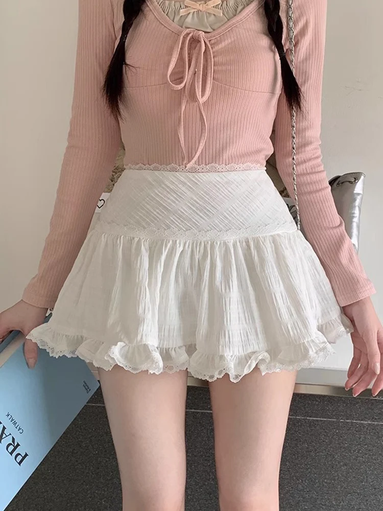 

HOUZHOU Kawaii White Mini Skirt Women Summer Fairycore Cute Sexy High Waist Ruffle Lace Patchwork A-line Skirt Shorts Korean