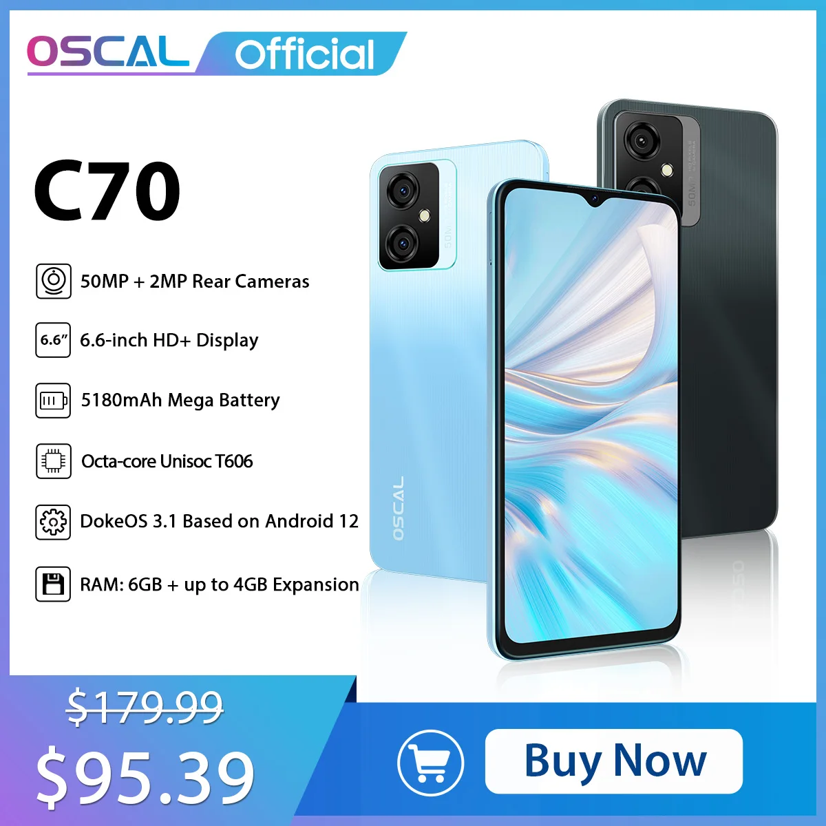 Smartphone Oscal C70 6Gb + 128Gb Octa Core Android 12 50Mp Fotocamera 5180Mah Cellulare 6.6 "Hd + Schermo Cellulare