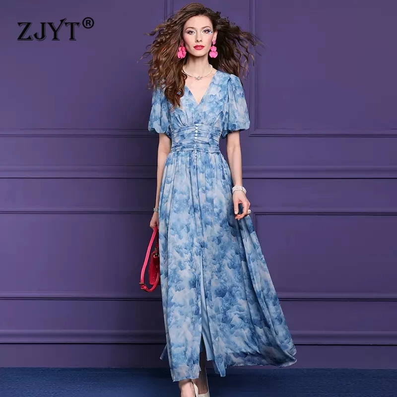ZJYT 여성용 여름 패션 프린트 롱 맥시 드레스, 2024 디자이너 반팔 V넥 쉬폰 휴일 원피스, 블루 핑크