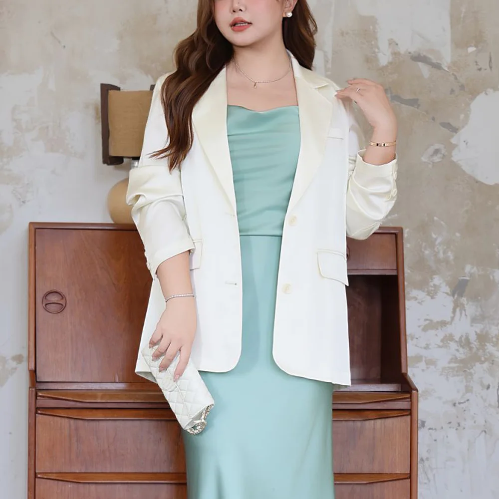 Plus Size Women's Luxury French Satin Blazer With Back Slit Premium Lightweight Tailored Workwear Jacket For Office Commute