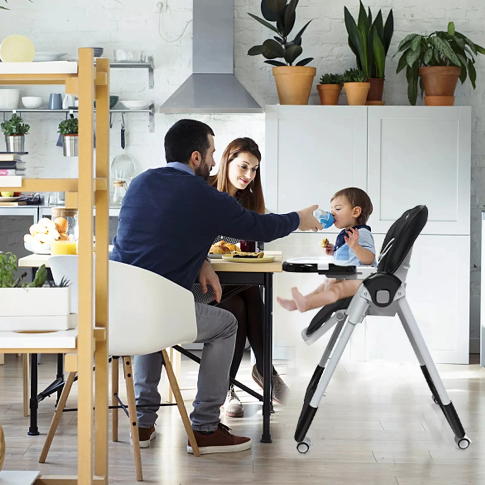 Sejoy Baby High Chair Foldable Highchair Adjustable Backrest Double Removable Tray Detachable PU Leather Cushion High Chair for 2