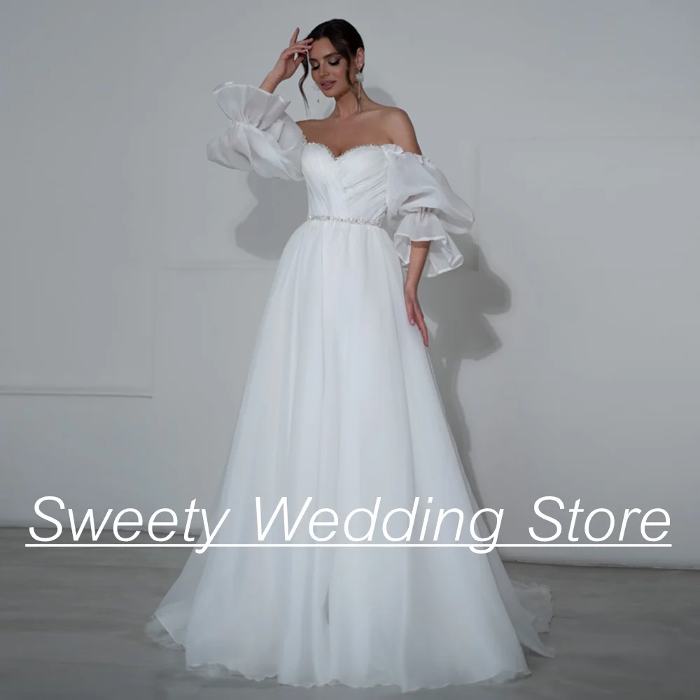 

Princess Wedding Dress 2024 Puff Sleeve Sweetheart Beads Pleat Open Back Sweep Train A Line Organza Bridal Gown Vestido De Noiva