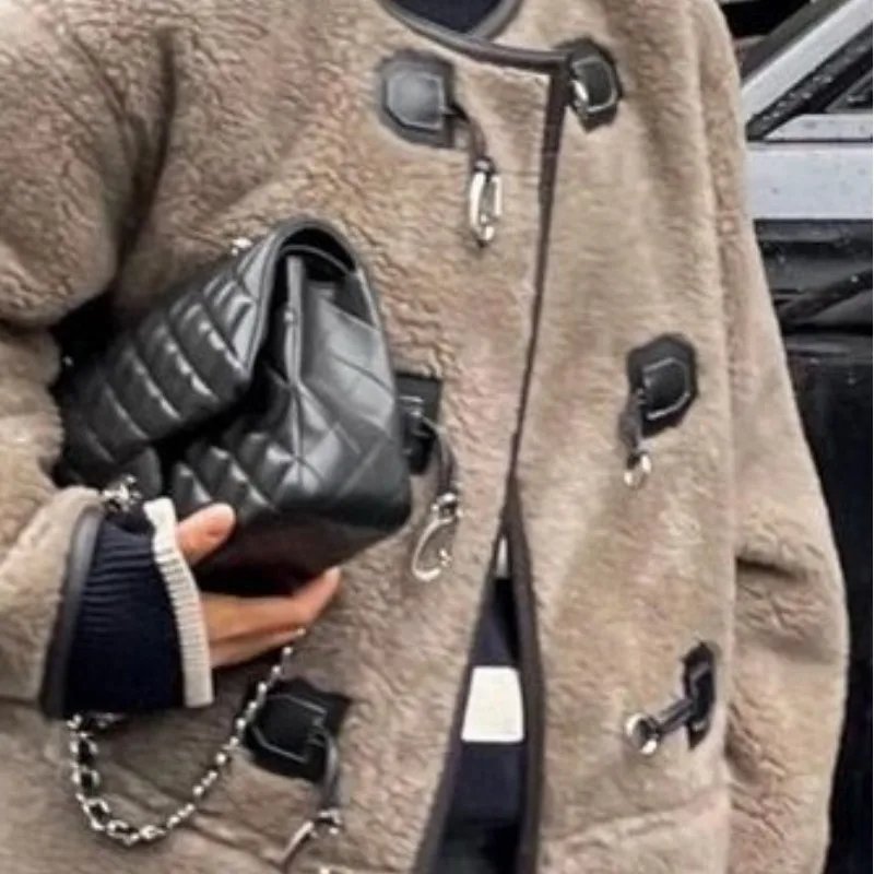 Women's Autumn and Winter New Fashion Solid Color Pullover Round Neck Cashmere Metal Buckle Long Sleeve Loose  Cardigan Coat