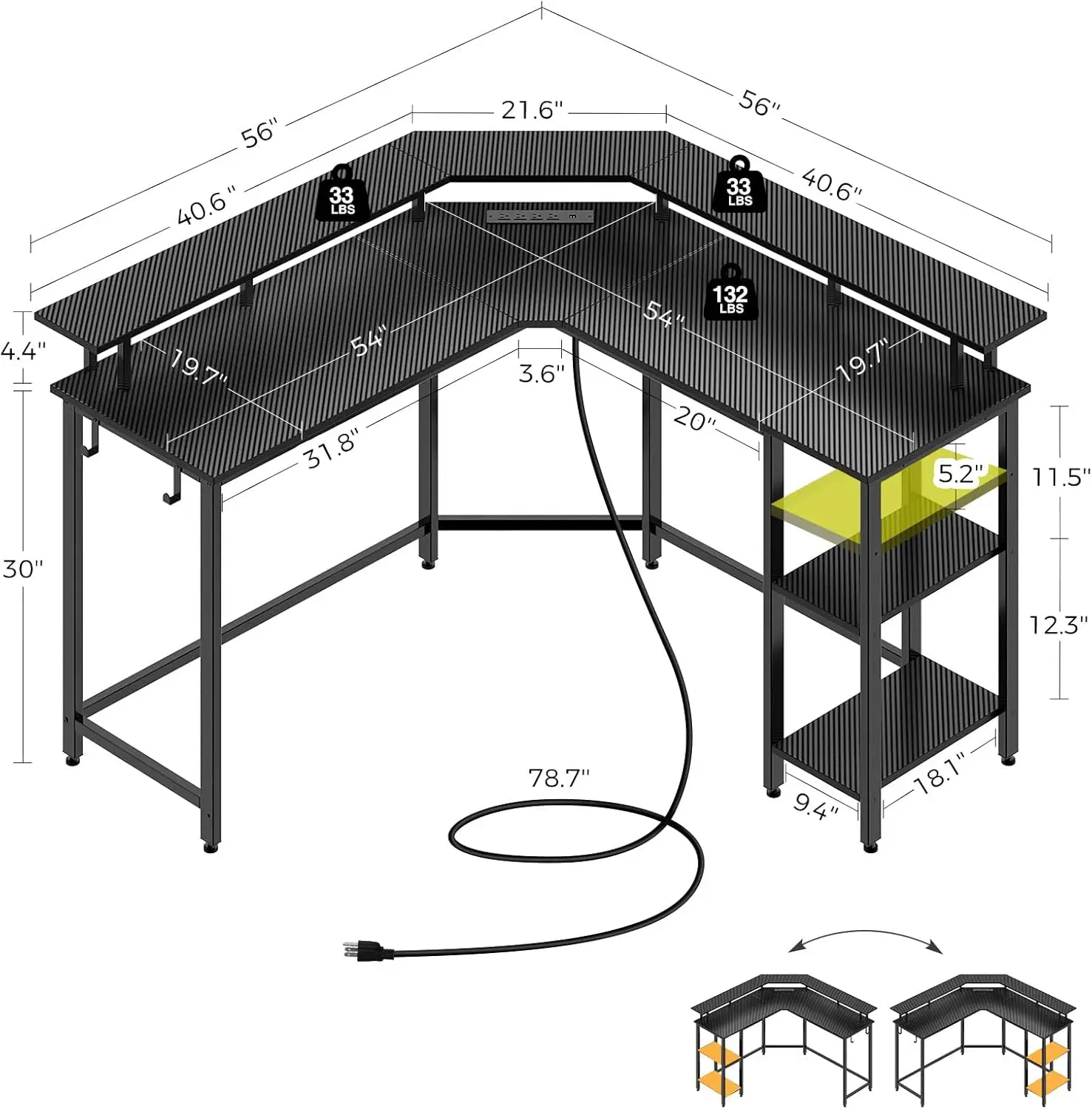Rolanstar L Shaped Gaming Desk with LED Lights & Power Outlets, 56" Computer Desk with Full Monitor Stand & Storage Shelf, Corne 3