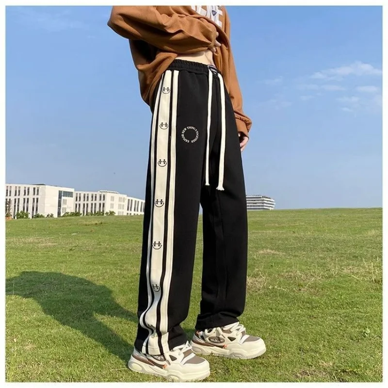 American Vintage Patchwork Contrasting Sports Pants Men's Autumn Print Drawstring Trend Versatile Loose Straight Casual Trousers
