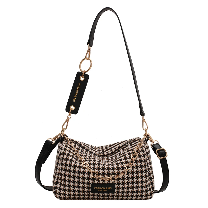 BERTY·PUYI PU Leather Houndstooth Ladies Shoulder Bag Autumn And Winter  Fashion Woolen Cloth Crossbody Bag Chain womens crossbody handbag For  women, Black And White: Handbags