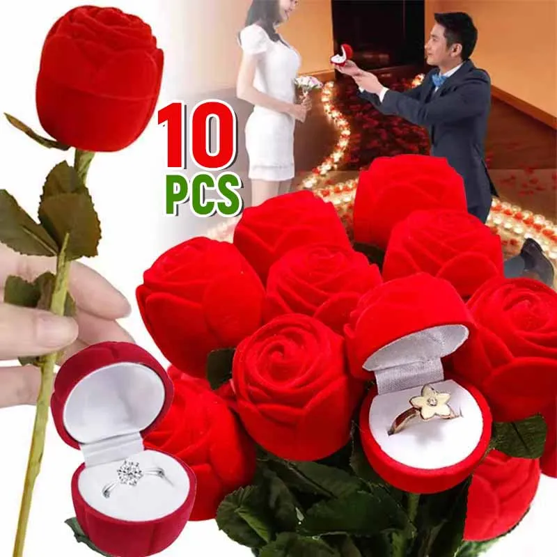 

1/10pcs Rose Flower Ring Boxes Romantic Velvet Jewelry Display Holder Bridal Wedding Heart Flocking Storage Boxes Gifts