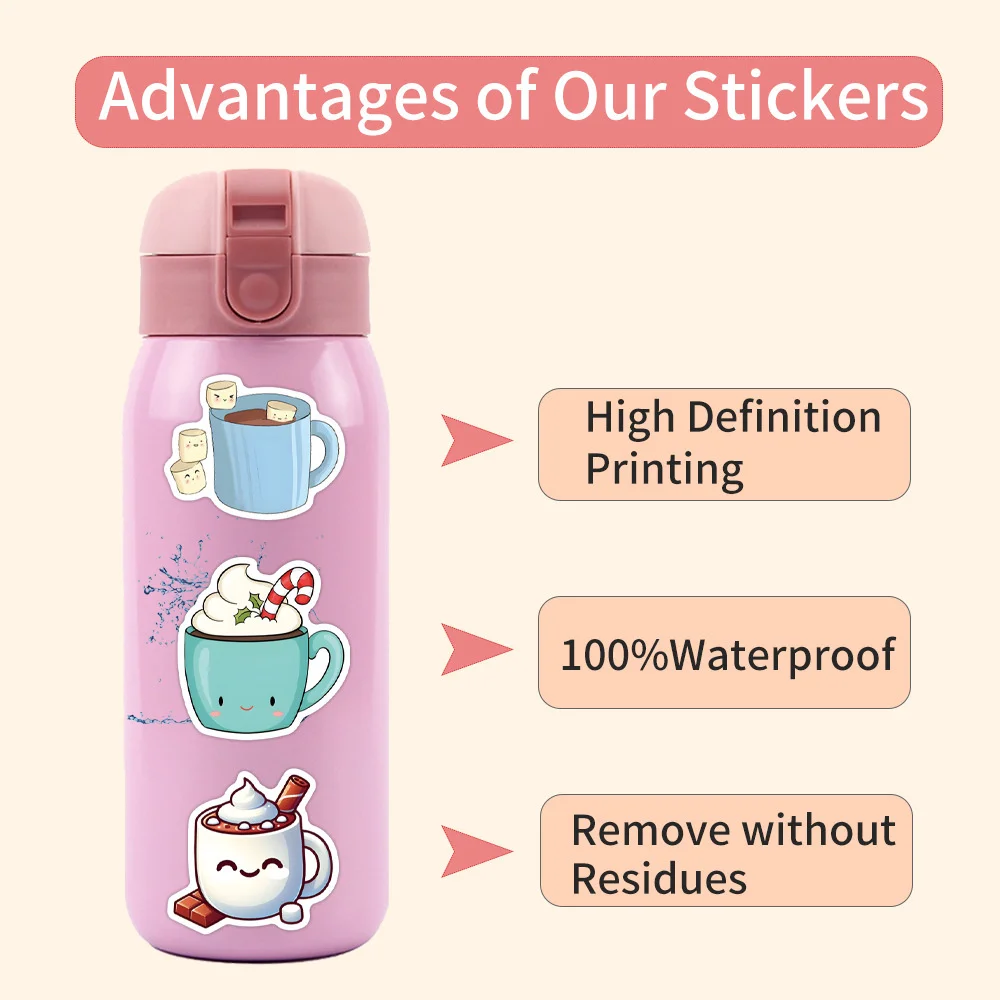 Coffee Hot Cocoa Stickers 55pcs For Phone Case Suitcase Ipad Guitar Laptop DIY Craft Supplies Cute Sticker Vintage