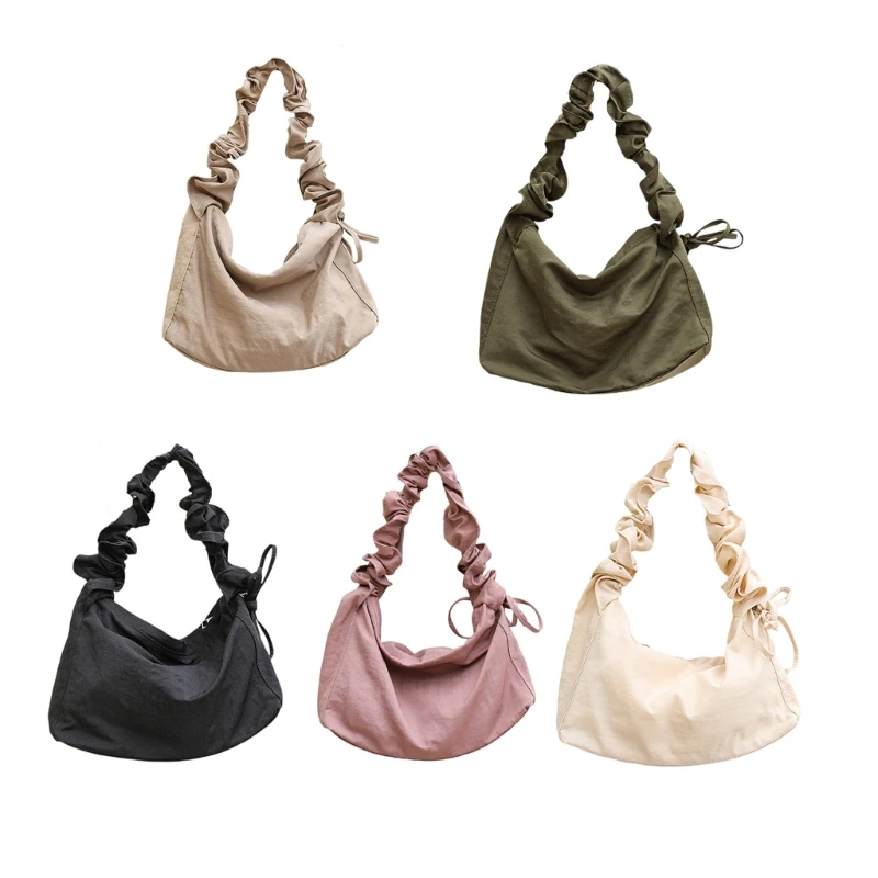Nylon Shoulder Handbag Fashion Pleated Drawstrings Adjusted Strap Crossbody Bag E74B