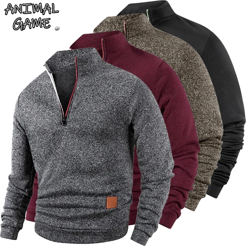 Animal Game Men's Half Zipper Sweatshirts Long Sleeve Solid Pullover Turtleneck Streetwear Warm Jacket Sport Coats Outerwear