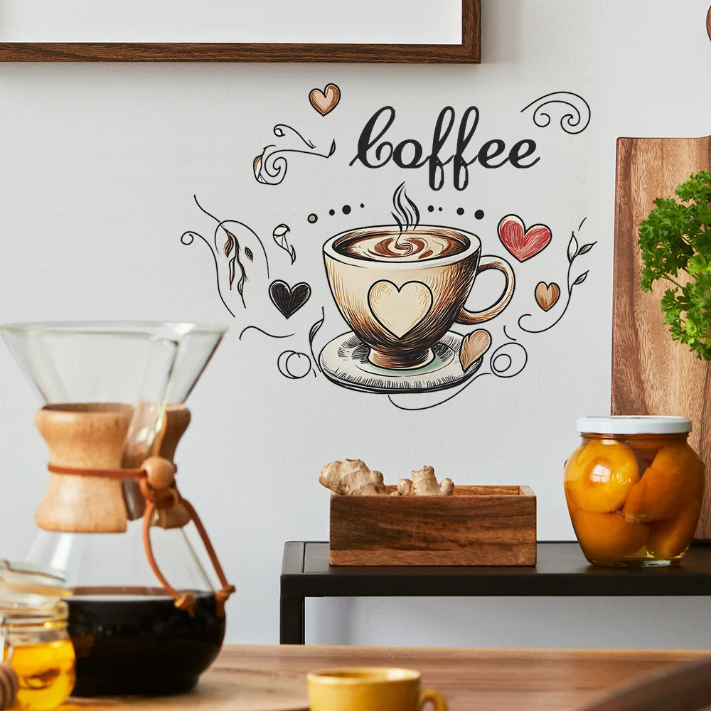 Wall Stickers Creative Love Coffee Cup Wall Stickers For Cafe Background Decoration Wallpaper Kitchen Beautify Home Decor Self-adhesive Decals