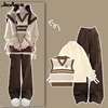 Preppy Style Women's Fall Clothing Matching Sets Lady Patchwork Knit Vest Shirts Wide Leg Pants Outfits Tank Sweater Trousers 1