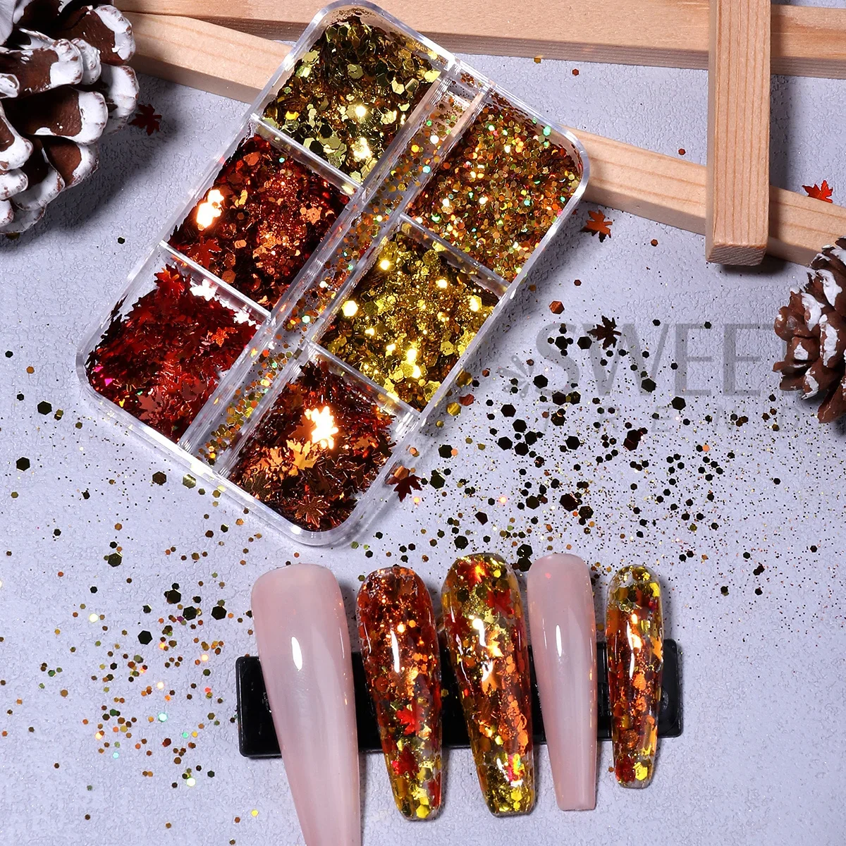 6 Grids Fall Gold Maple Leaf Nail Art Sequins Autumn Brown Hexagon Decor Glitter Flakes Winter Design Manicure Paillettes Slices