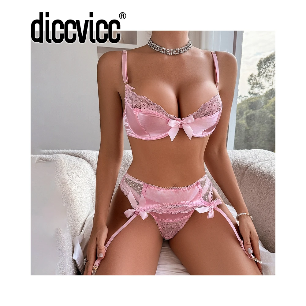 Diccvicc Bow Lingerie Satin Lace Bra Garter Belt Exotic Set 3 Pieces Sexy Underwear Erotic Outfit Intimate Kit Women Clothing