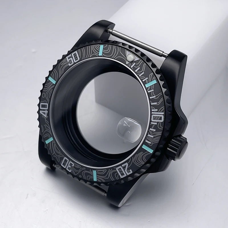 All-Black Sub Style Watch Case with Rubber Strap and Sapphire Crystal