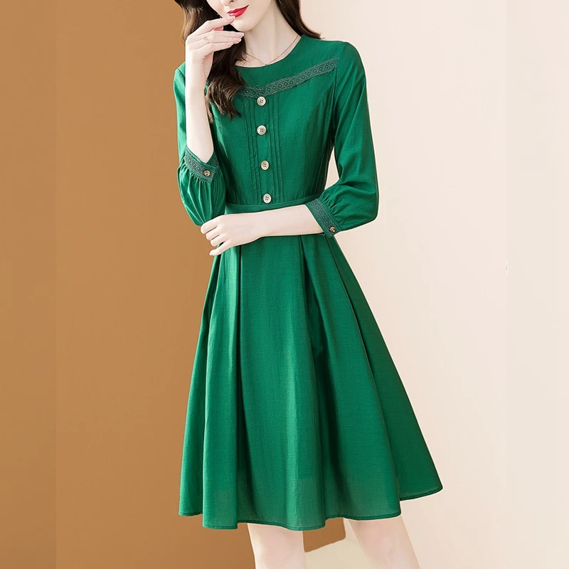 

Fashion Green Lace Women's Dress Spring Autumn OL Office Ladies Work Midi Dress Single Breasted Embroidery Knee-Length Dresses