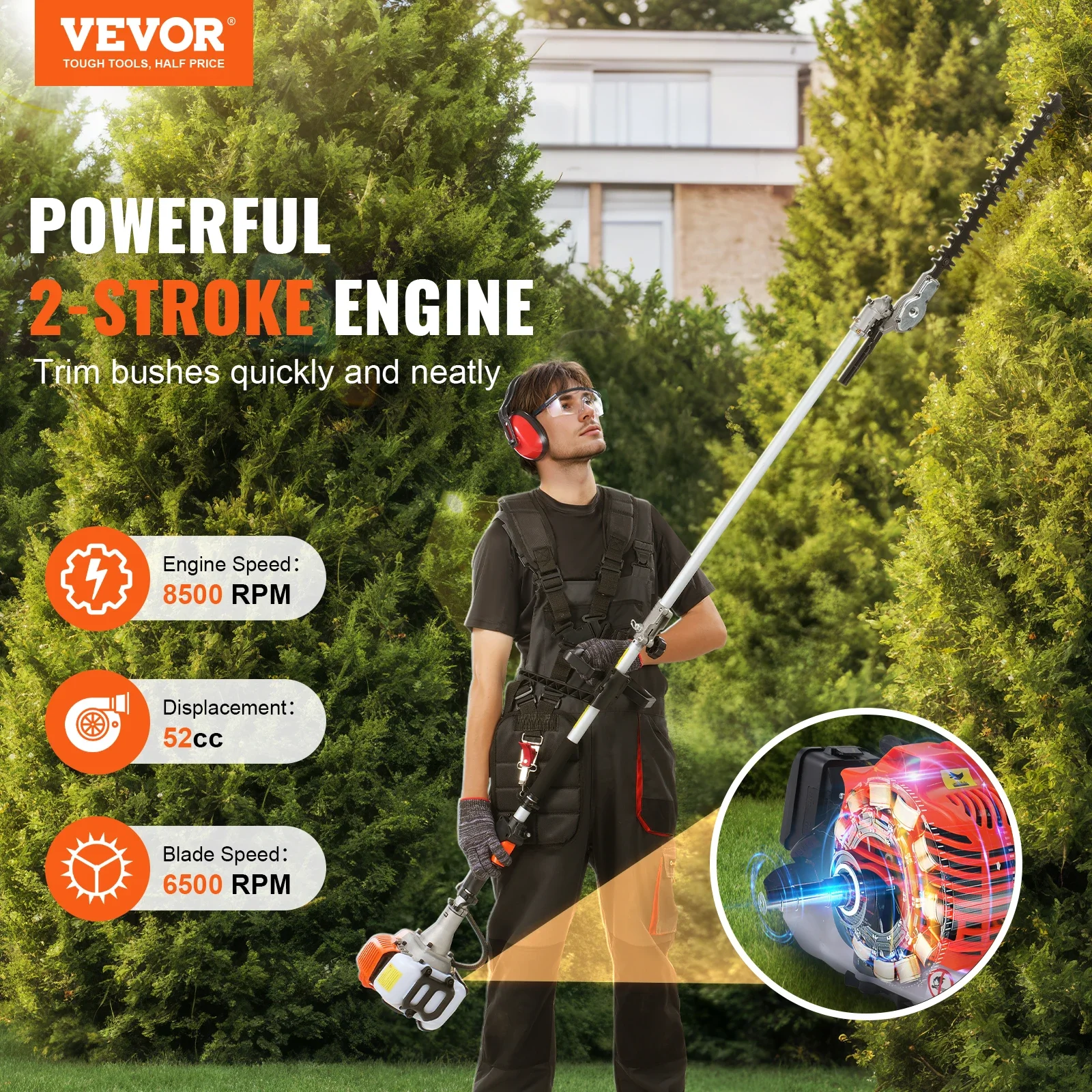 VEVOR 52CC 6- In-1 Multi-Functional Trimming Tools Gas Hedge Trimmer Weed Eater String Trimmer Brush Cutter Edger Pole Saw