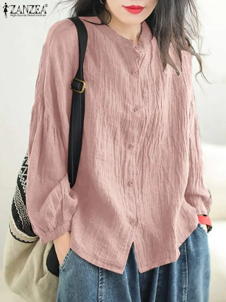 

ZANZEA Women Pleated Shirt Lantern Long Sleeve Tops Korean Fashion Blouse Buttons 2023 Autumn Vintage Casual Loose Female Blusas