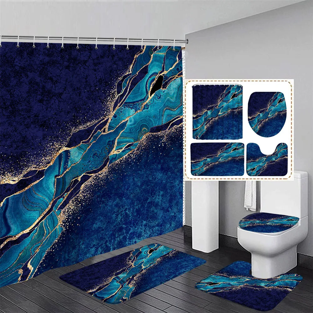 Abstract Blue Marble Shower Curtain Set Gold Line Ink Texture Art Modern Luxury Home Bathroom Decor Bath Mats Toilet Lid Cover