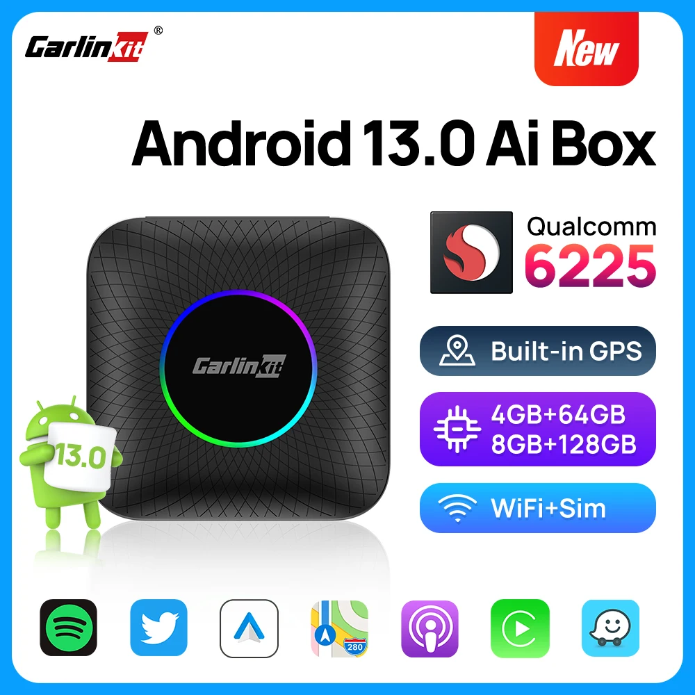 

Carlinkit 8 + 128 ГБ Смарт ТВ приставка Android 13 беспроводной Android Авто адаптер QCM6225 8 ядер для Youtube Netflix Spotify Ai Box Car Play