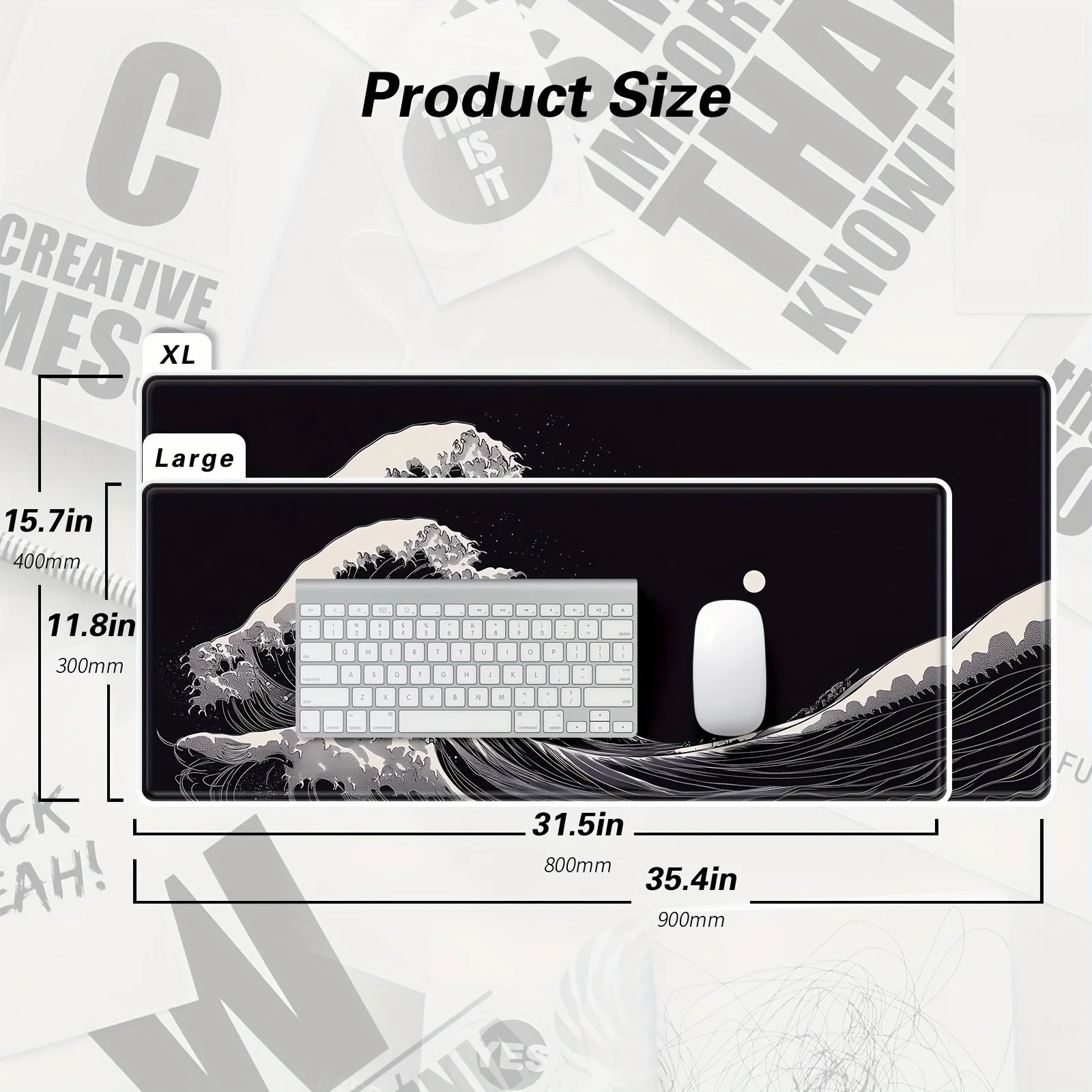 Black Wave Design Desk Mat - XXL Large Anti-Slip Rubber Mouse & Keyboard Pad