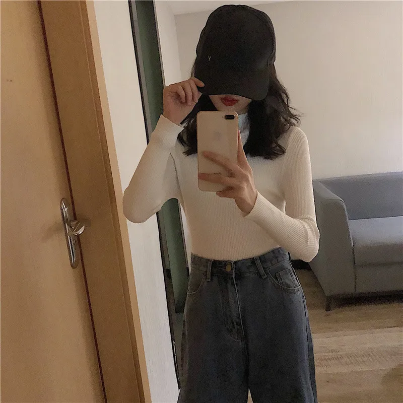 short sleeve cardigan Autumn Winter New Long Sleeve Pullover Sweater Solid Color Korean Version Half High Collar Slim Fit Knitted Bottomed Shirt Top blue sweater