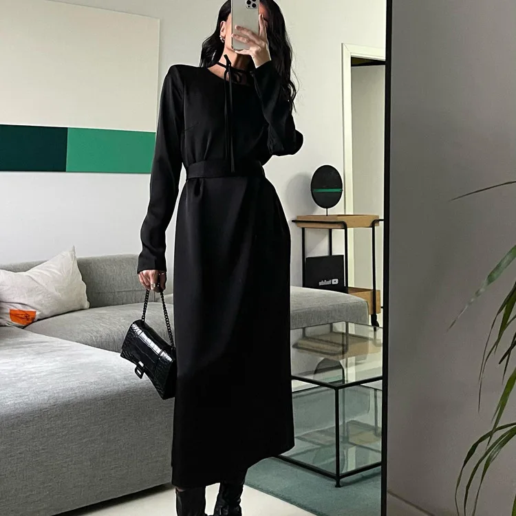 Backless Lace-Up Slim Maxi Dress Female Black Fashion Autumn 2025 Bandage Long Sleeve Solid Elegant Patchwork Long Dress