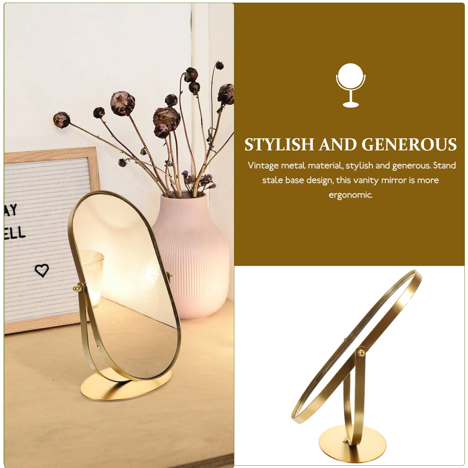 Mirror Single-sided Retro Metal Round Beauty Dressing Table (Small Gold) Tabletop Vanity Mirrors for Desk Makeup 2