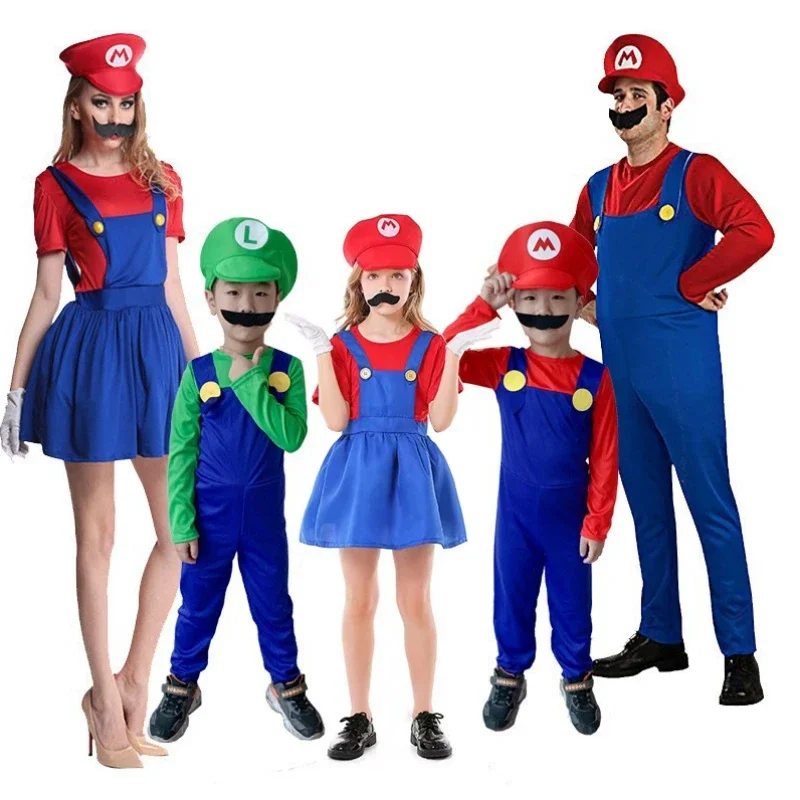 Super Luigi Cosplay Costume Adult Jumpsuit Beard Hat Men and Women Set kid Halloween Costume