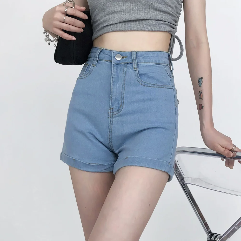 Sexy Jean Shorts Women Blue High Waist Elastic Crimping Wide Leg Short Pants Fashion Casual
