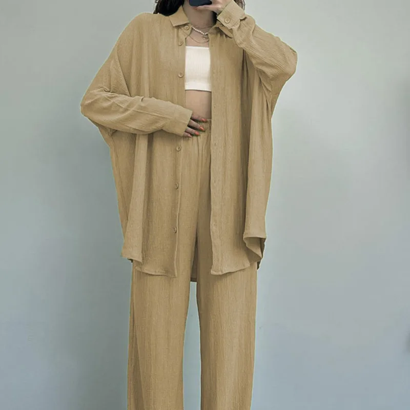 2024 Women's Summer Autumn New Product Temperament Solid Color Long-sleeved Shirt Coat Wide-leg Trousers Casual Two-piece Set
