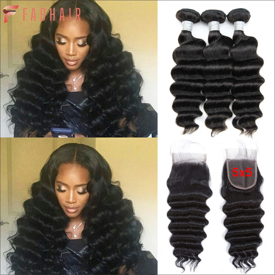 

FABHAIR Loose Deep Wave Bundles with Closure 5x5 Brazilian Human Hair Weave 3/4 Bundles with Closure HD Transparant Pre-Plucked