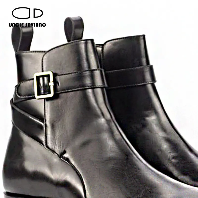 Uncle Saviano Solid Chelsea Winter Black Mens Boots Shoes Work Boots Add Velvet Fashion Designer Shoes Men Genuine Leather