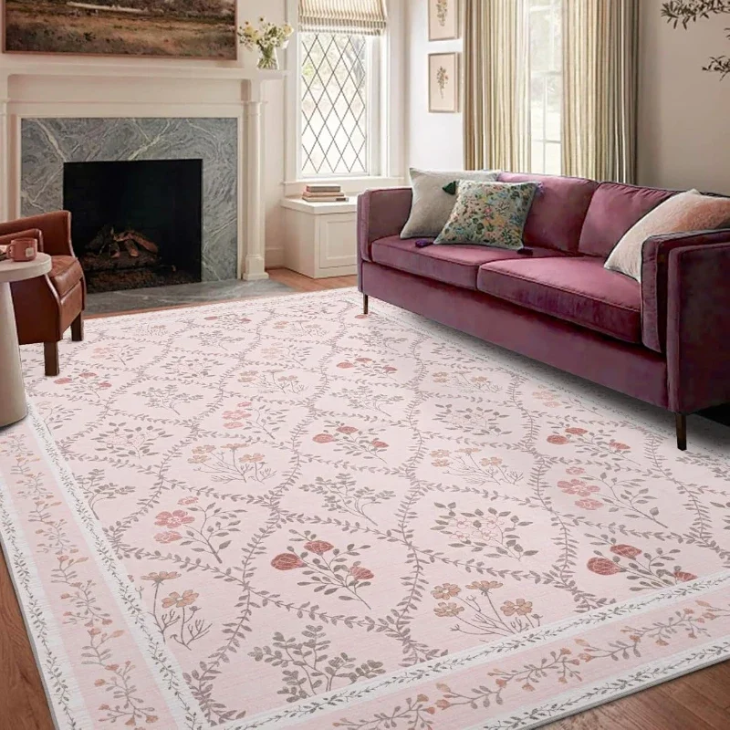 Floral Living Room Carpet Large Area Pastoral Style Print Bedroom Plush Rug Home Decoration Machine Washable Non-slip Floor Mats