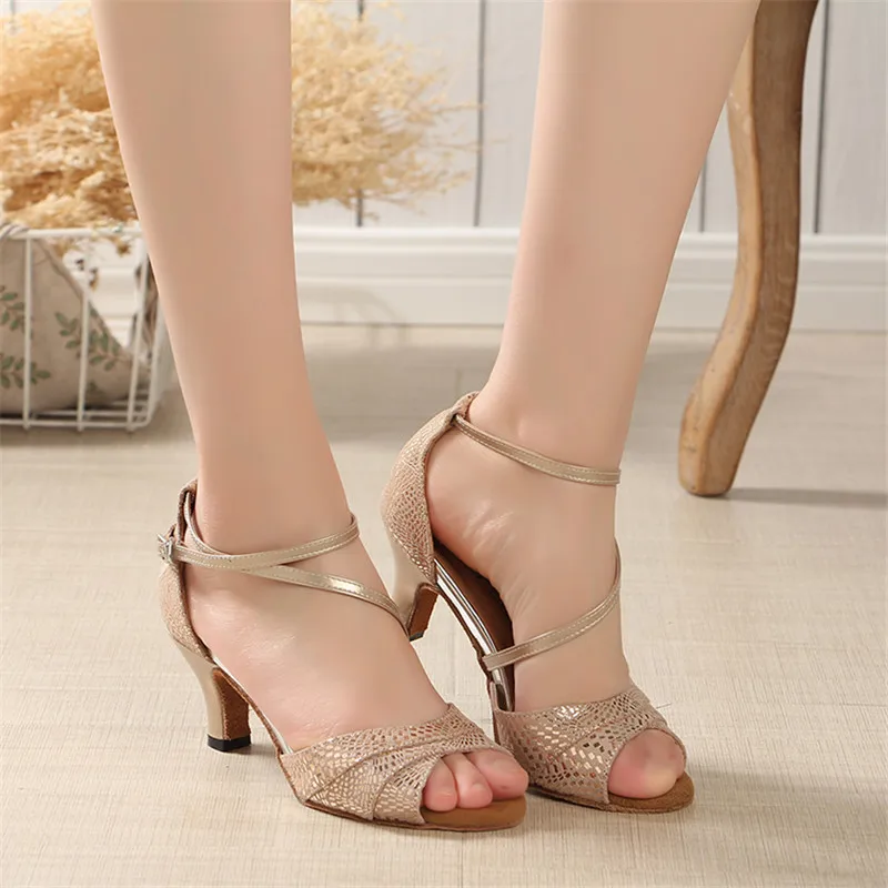 NATASHA Fish Mouth Latin Dance Shoes for Women Adult Soft Sole Gold Leather Middle Heel 6cm Professional Square Social Dance Dan