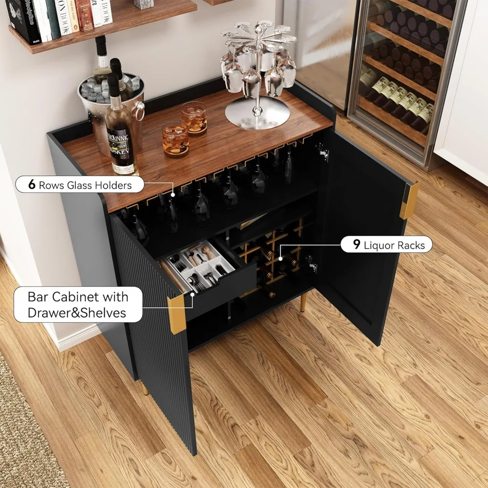 Sideboard Buffet Cabinet with Fluted Texture, Modern Coffee Bar Cabinet with Wine Rack&Drawers, Liquor