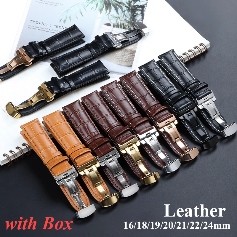 Premium Leather Watchband with Metal Butterfly Clasp - Unisex Strap with Gift Box