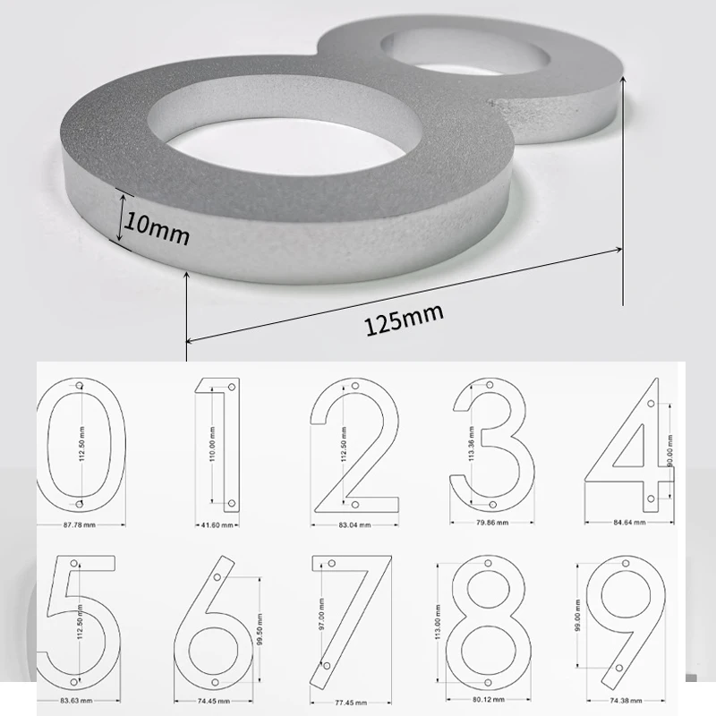 5인치/125mm 실버 하우스 번호 A B C 숫자 주소 표시판 0-9 숫자 대형 현대식 문패 가정용 야외용 숫자판