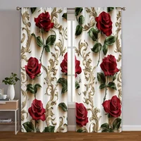 2pcs, Upscale Curtains 2D print Red Roses & Golden Floral Pattern Polyester Woven (without rod) All Seasons for Bedroom and 1