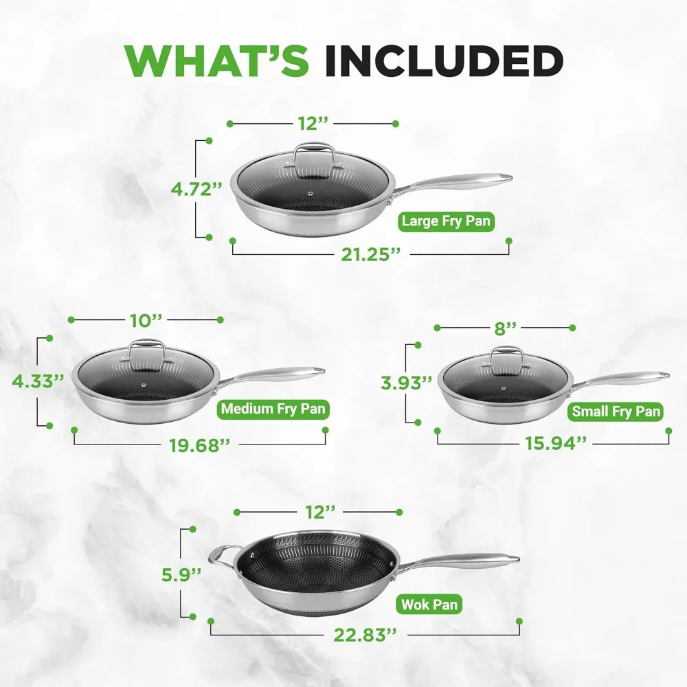 7-Piece Tri-Ply Stainless Steel Frying Pan Set & Wok – Nonstick, Induction Compatible, Oven Safe, Scratch-Resistant, Dishwasher