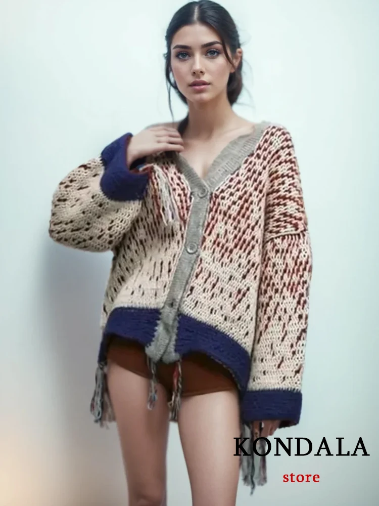 

KONDALA Vintage Women Knitted Cardigans Tassel V-Neck Long Sleeve Tie Dye Loose Sweaters Fashion 2024 Autumn Winter Outwears