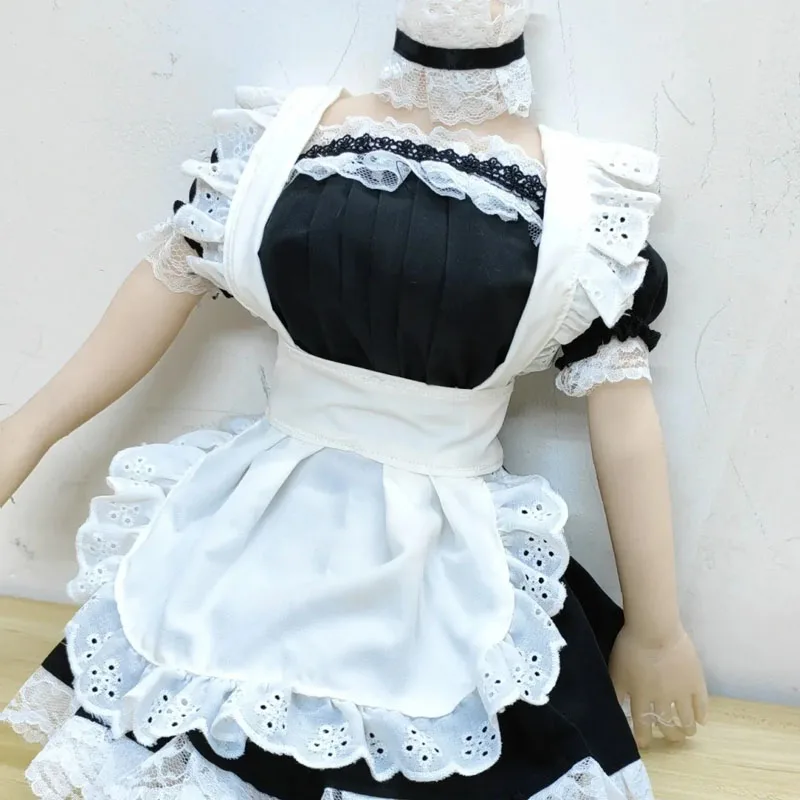 68-80cm 실리콘 인형 메이드복 반소매 레이스 프릴 드레스 앞치마 양말 세트 부드러운 색상 변하지 않는 수제 인형 의류