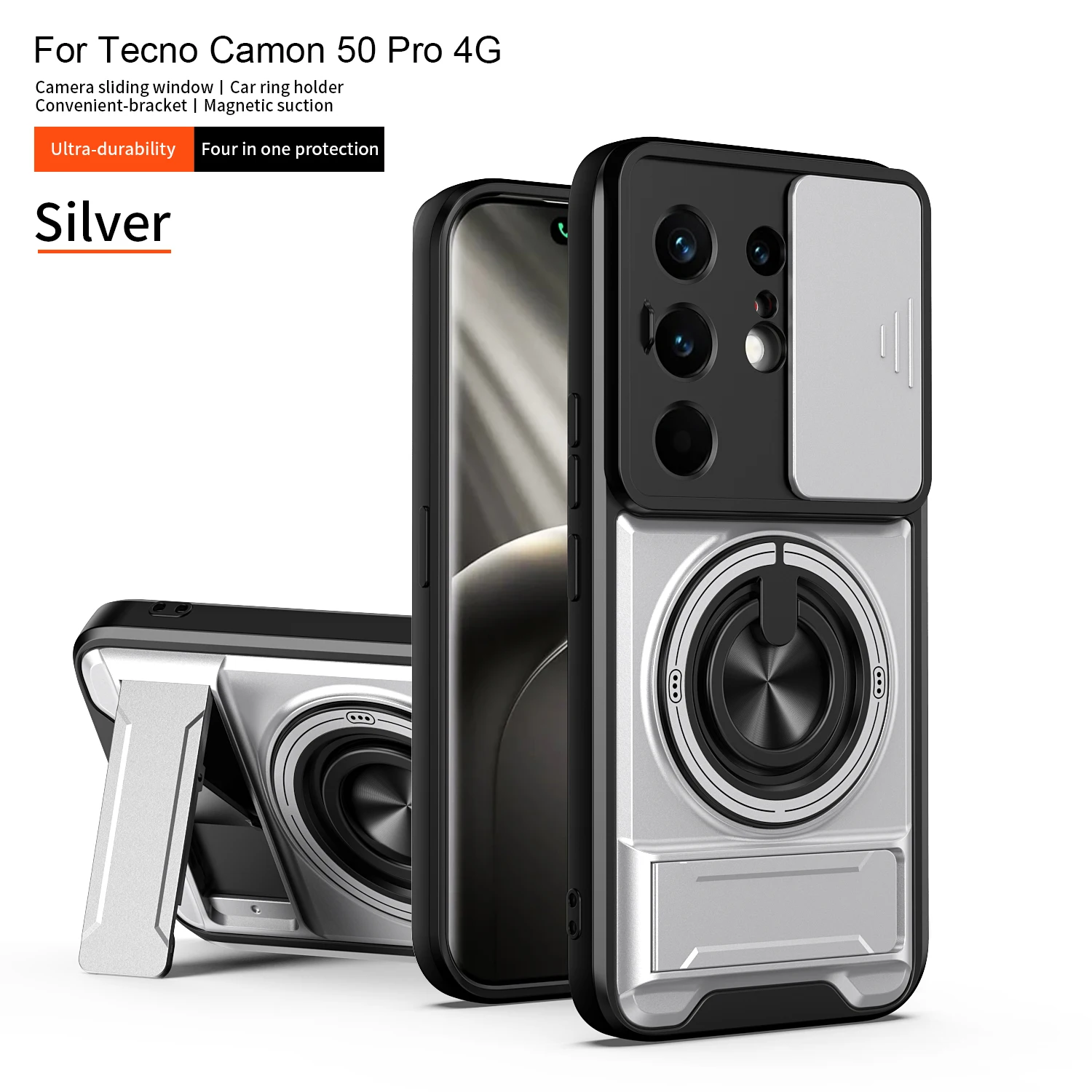 Shockproof Phone Case with Sliding Camera Cap and Built-in Kickstand Magnet Ring
